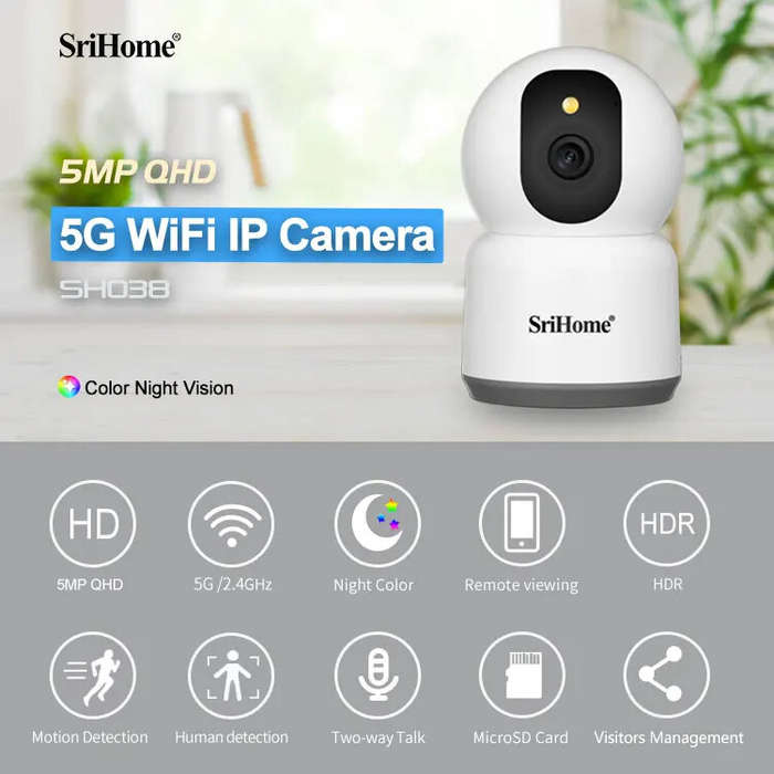 EU Plug - Srihome SH038 5MP 1944P 5G WIFI Wireless PTZ IP Dome Camera AI Humanoid Detection Full Col