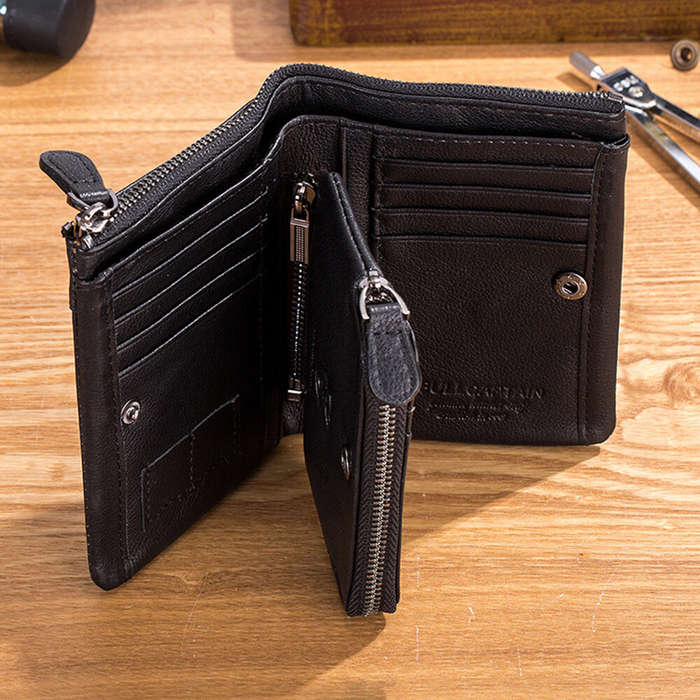 Brown - BULLCAPTAIN Men's Genuine Leather Wallet Detachable Coin Purse Large Capacity Multi-card Slo