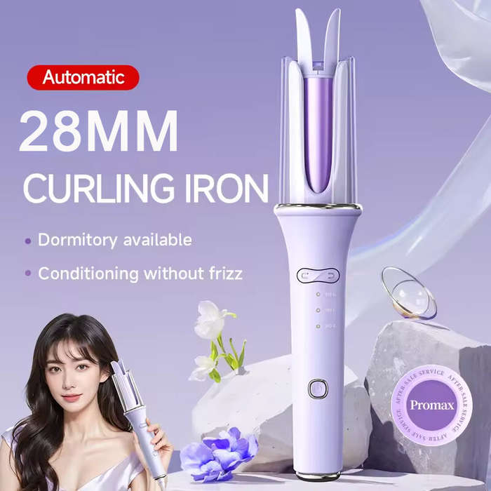 Purple - 28mm Professional Automatic Ceramic Curling Iron 3 Temperature Settings 5-Second Preheat An