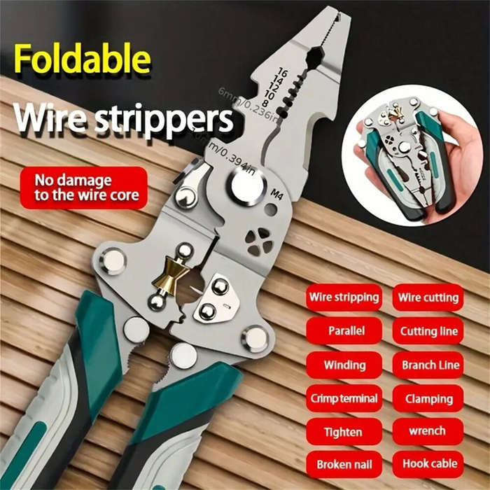 Silver - IPRee Foldable Wire Stripper Multi-Function Crimping Pliers Pulley Design Electrician Wire