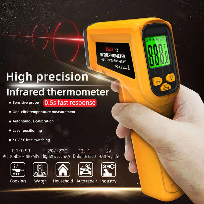 BSIDE H2 Infrared Laser Thermometer -50 to 530 High Precision Non-Contact 12:1 Ratio Adjustable Emis