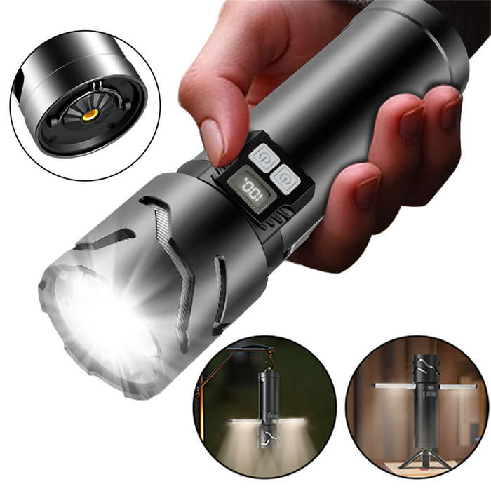 Black - 30W LED Ultra Bright LED Flashlight With COB Sidelight, 52cm Adjusted Tripod and Battery, Mu