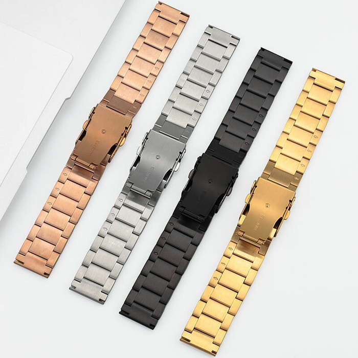 Black - 22mm Three-bead Trapezoidal Stainless Steel Watch Straps Smart Watch Band Replacement Strap