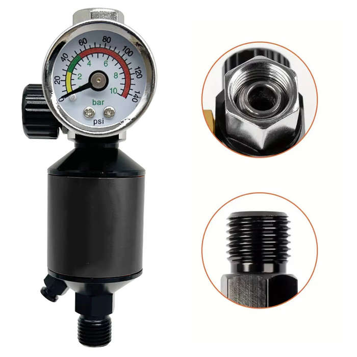 Black - High Pressure Aluminum Air Spray Gun Regulator 0-140PSI Adjustable Gauge 1/4 Inch Oil Water