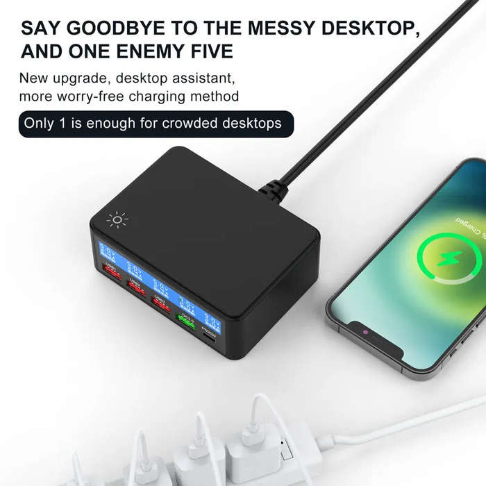 Black & EU Plug - 65W 5-Port USB PD Charger 4USB-A+USB-C PD QC3.0 Fast Charging Desktop Charging Sta
