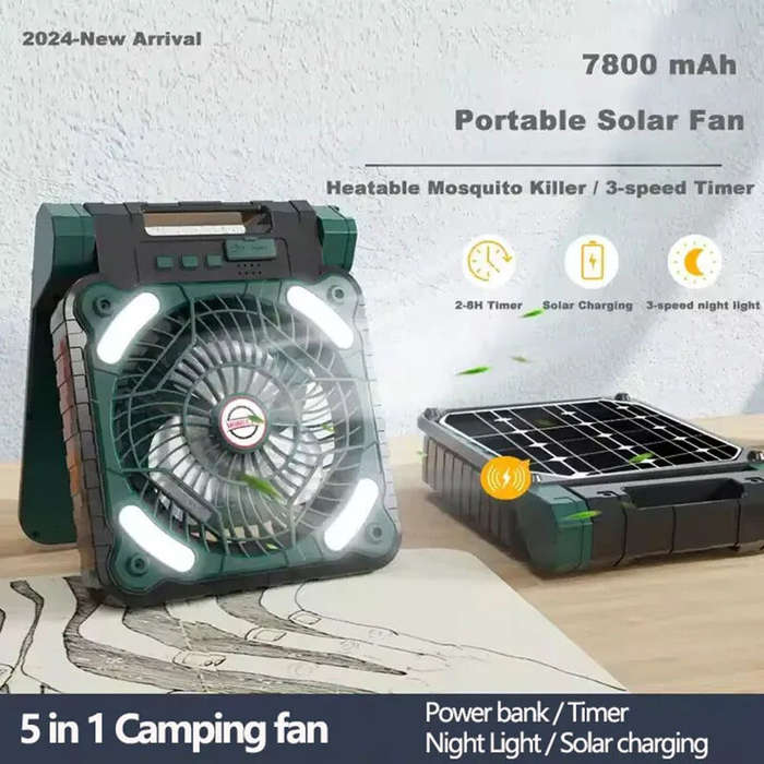 Orange - 5 in 1 Multifunctional Solar Camping Tent Fan 7800mAh Battery Power Bank LED Light Solar Pa