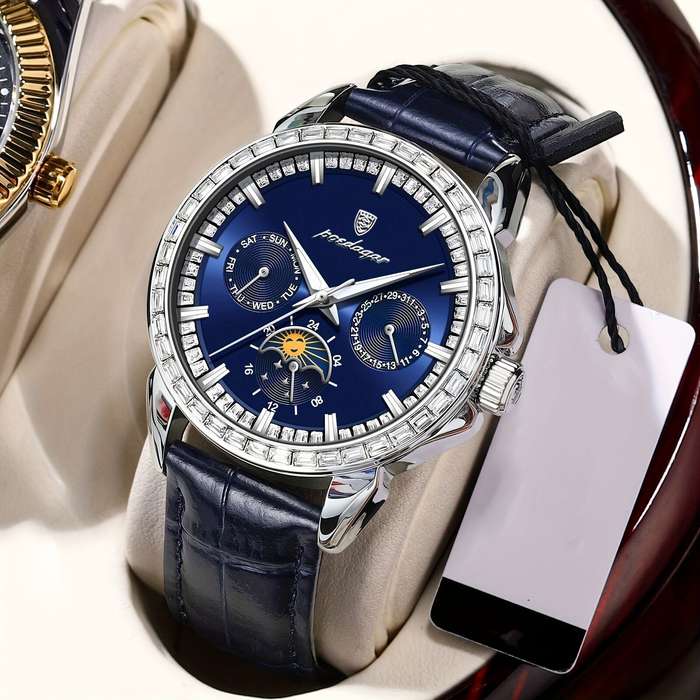Blue - POEDAGAR Business Men Watch Luxury Rhinestone Leather Wristwatch Luminous Waterproof Calendar