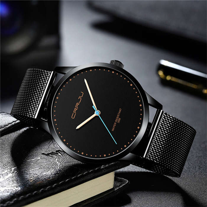 Black+Gold - CRRJU Men Watches Luxury Business Quartz Watch Fashion Waterproof Wristwatch, Ideal cho