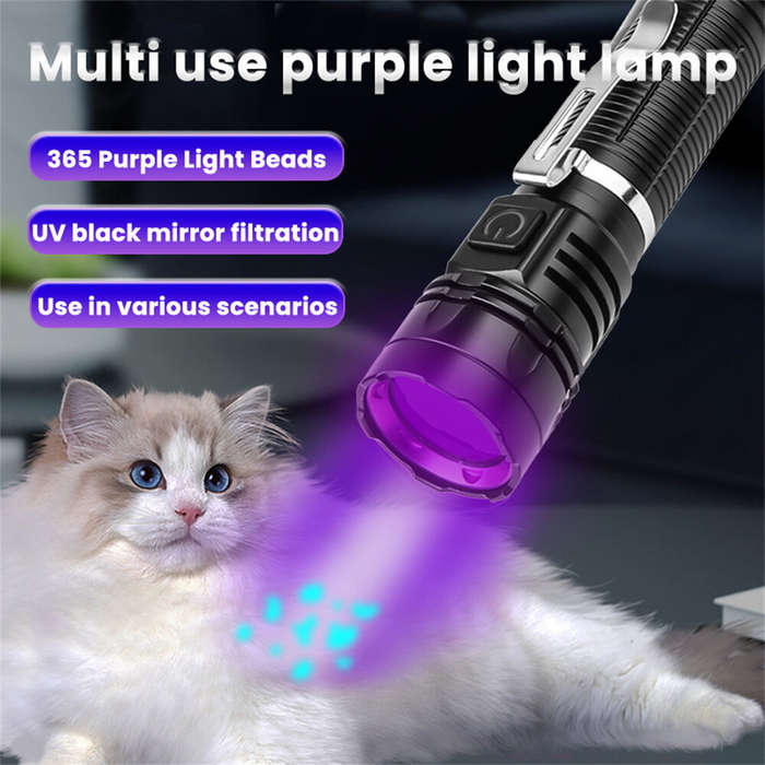Black - 365nm Purple UV Fluorescent Lamp Black Light Flashlight Waterproof 18650 Battery Rechargeabl