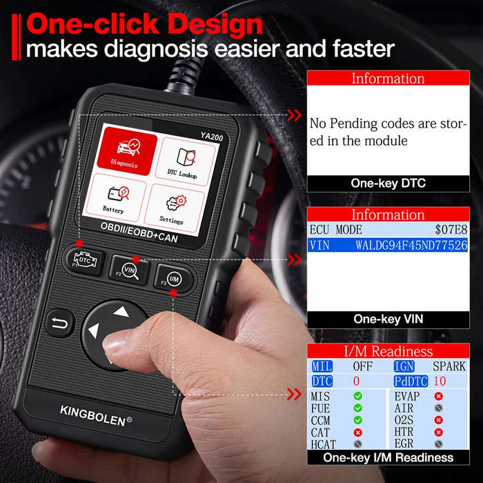 #1 - Kingbolen YA200 OBD2 Scanner Multi-Language Car Diagnostic Tool Engine Code Reader DTC Lookup V