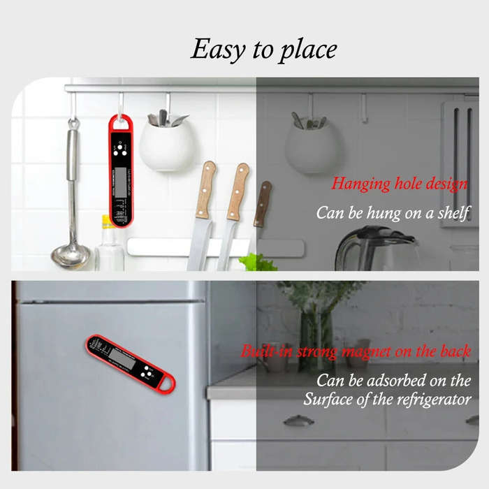 Red - Digital Meat Thermometer Foldable Probe Fast Reading -50 to 300 Auto-Off LCD Display for Cooki