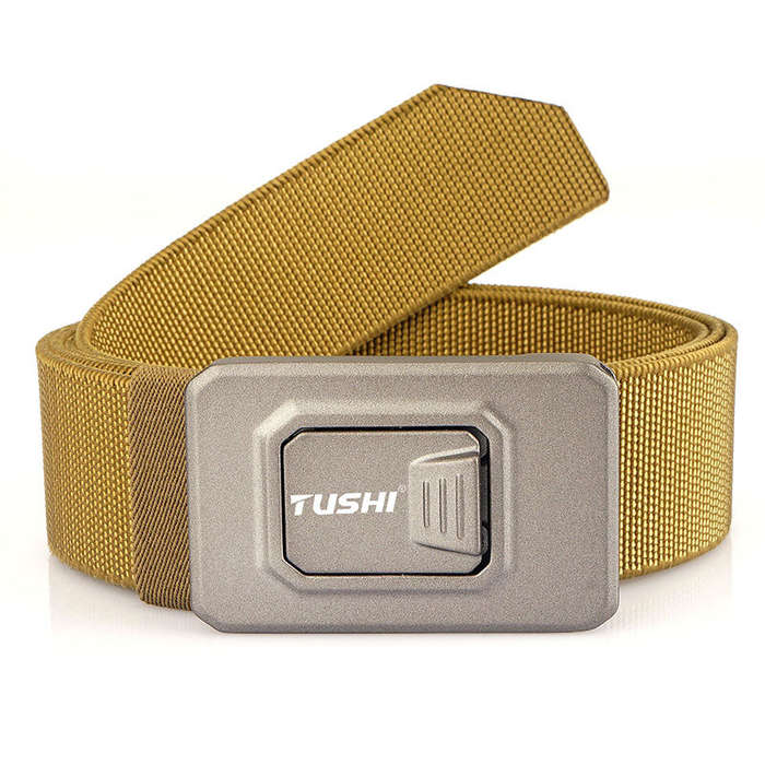 Brown - TUSHI Aluminum Alloy Quick Release Buckle Elastic Belt for Men Tactical Belt Outdoor Army Hu