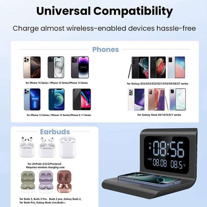 Black - 15W Wireless Charger Pad Stand with Alarm Clock and Thermometer Fast Charging Station for iP