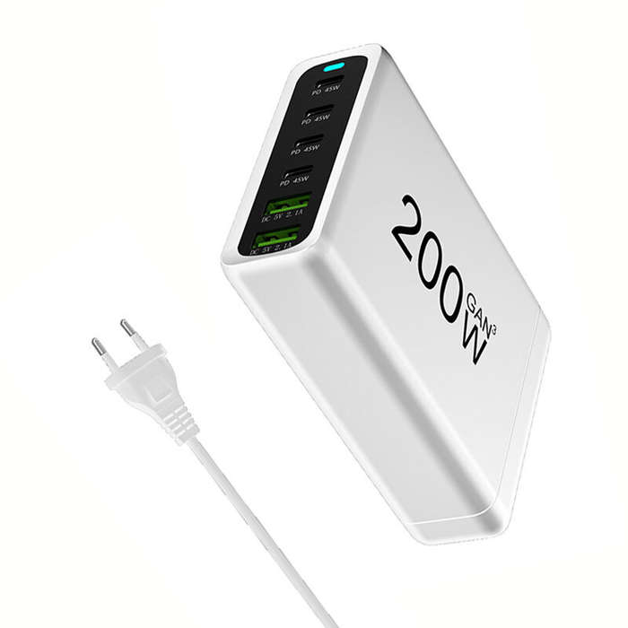 Black & EU Plug - [GaN Tech] 200W 6-Port USB PD Charger 2USB-A+4USB-C PD Fast Charging Desktop Charg