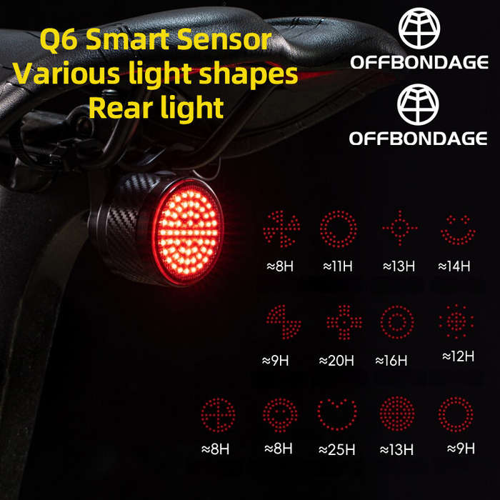 Black - OFFBONDAGE ATS-Q6 Smart Auto Brake Sensing Bicycle Taillight 13 Light Modes Type-C Rechargea