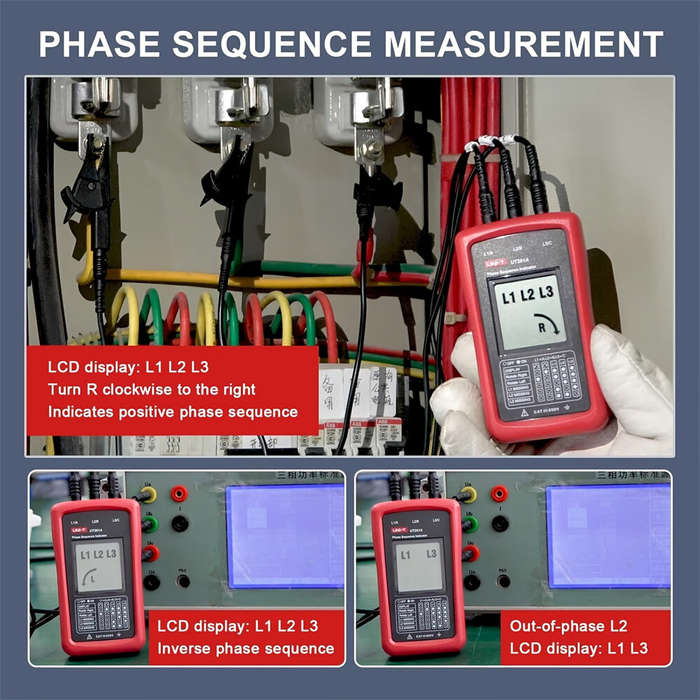 Red - UNI-T UT261A 3 Phase Sequence Tester AC Phase Rotation Meter Voltage Range 40V to 690V LCD Dis