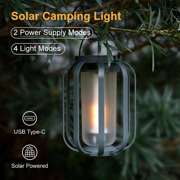 Black - Solar Camping Lantern Portable 4-in-1 Outdoor LED Light With Tripod IPX4 Waterproof USB-C &