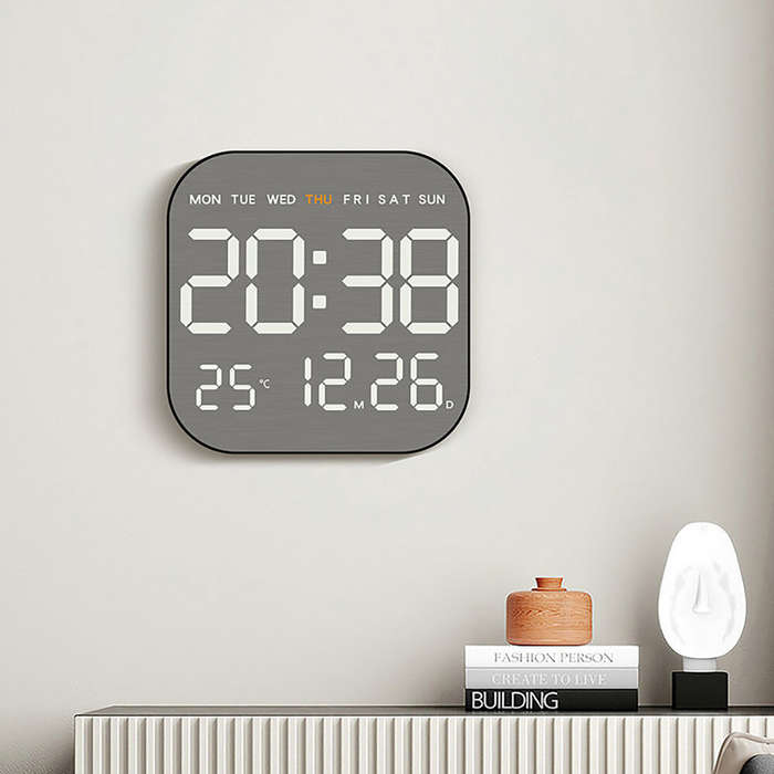 Black - Metal Brushed Texture Digital Wall Clock Alarm Set Large Display Screen LED Alarm Clock Home