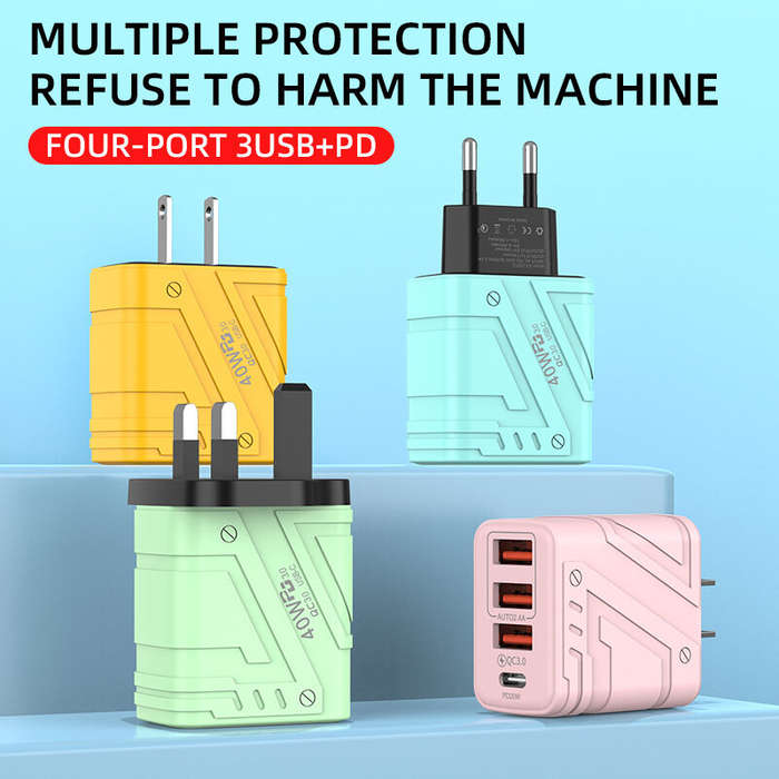 EU Plug - AD-67 40W 4-Port USB PD Charger 3USB-A+USB-C PD3.0 QC3.0 Fast Charging Wall Charger Adapte