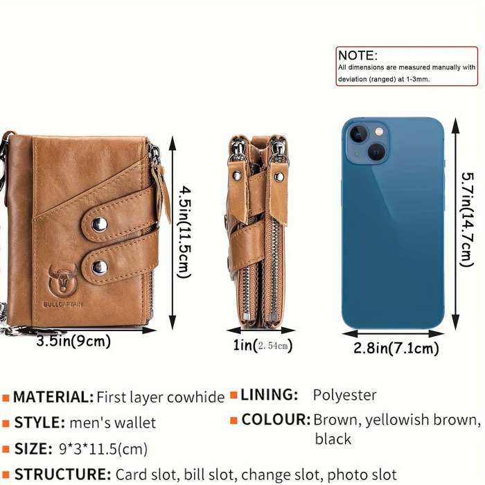 Yellow/Brown - BULLCAPTAIN Genuine Leather Mens Wallet RFID Blocking Short Wallet with Chain Multifu