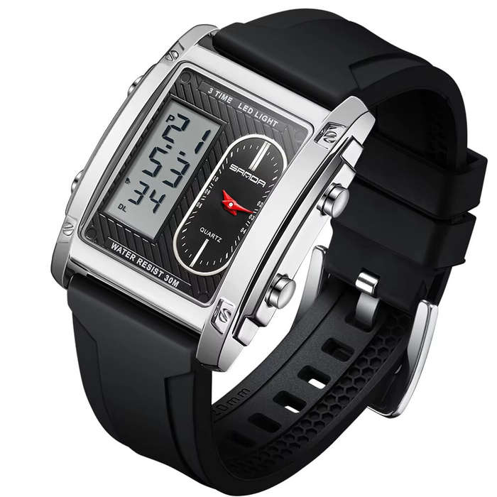 Black - SANDA Men's Sport Dual Display Digital Watch Waterproof Luminous Multi-function Chronograph