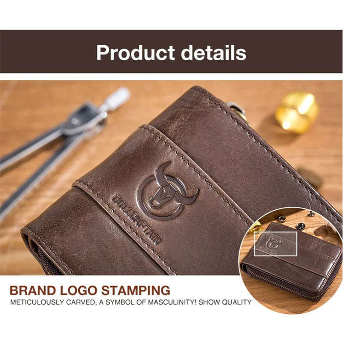 Yellow/Brown - BULLCAPTAIN Genuine Leather Zipper Men Wallets Multi Card Slot ID Card Mini Holder Ba