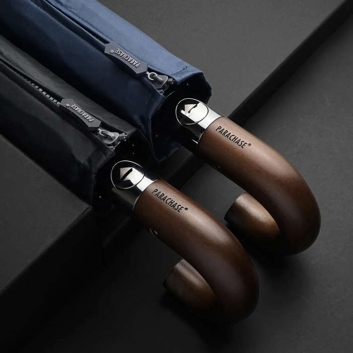 Navy Blue - Automatic 10-Rib Wooden Curved Handle Automatic Umbrella 10K Automatic Folding Umbrella