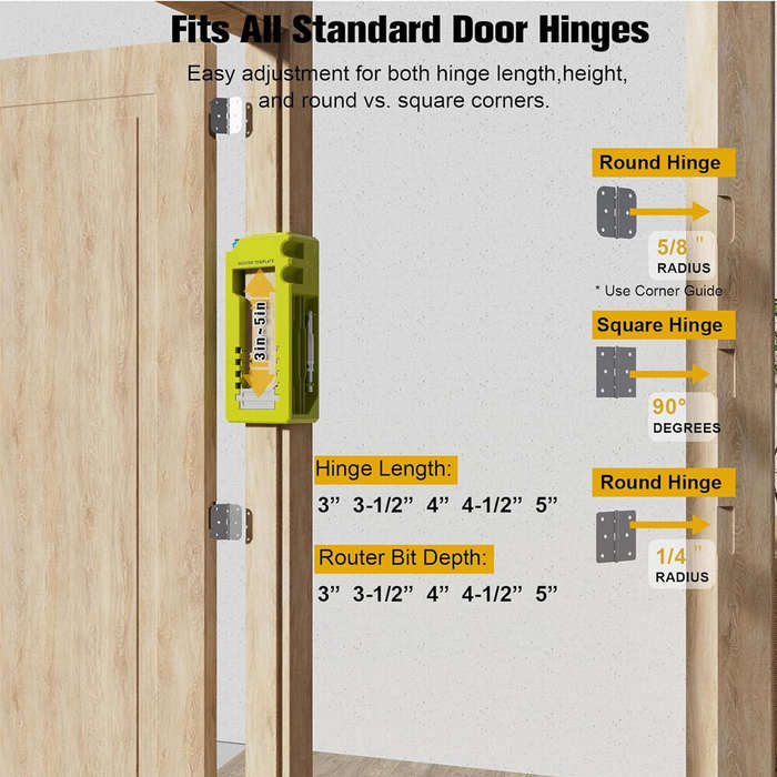 Yellow - Door Hinge Mortiser Hinge Installation Kit Router Template fits 3in to 5in Hinges Square Se