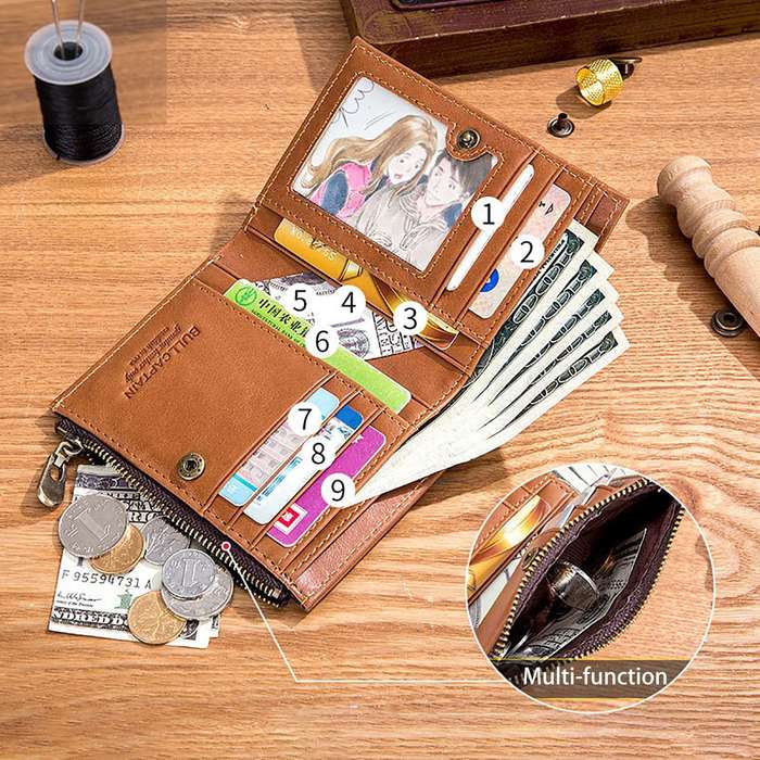 Coffee - BULLCAPTAIN Genuine Leather Wallet for Men,Small Coin Purse,Mini RFID Card Holder,High Qual