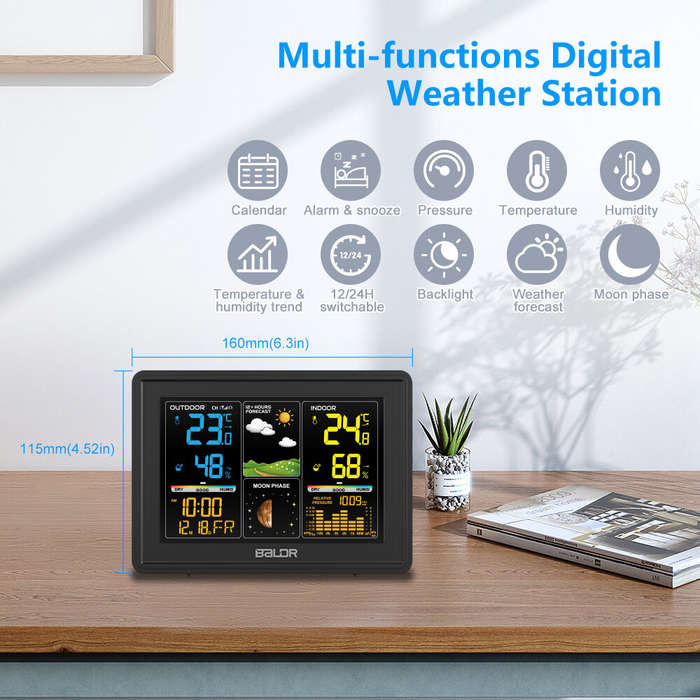 Black - BALDR Wireless Weather Station Digital Display Alarm Clock Calendar Temperature Hygrometer M