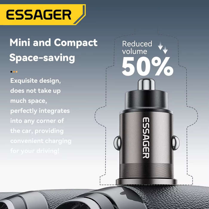 Black - ESSAGER ES-CC15 45W 2-Port USB PD Car Charger Adapter USB-A+USB-C PD3.0 QC3.0 Support AFC FC