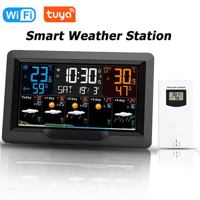 EU Plug - Tuya WiFi Weather Station Color Screen Indoor Outdoor Temperature Humidity Monitor Multifu
