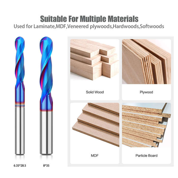 1/4 Inch / 6.35mm - 1/4 Inch/6.35mm 8mm Shank Spiral Up Cut Ball Nose End Mill Router Bit with Nano