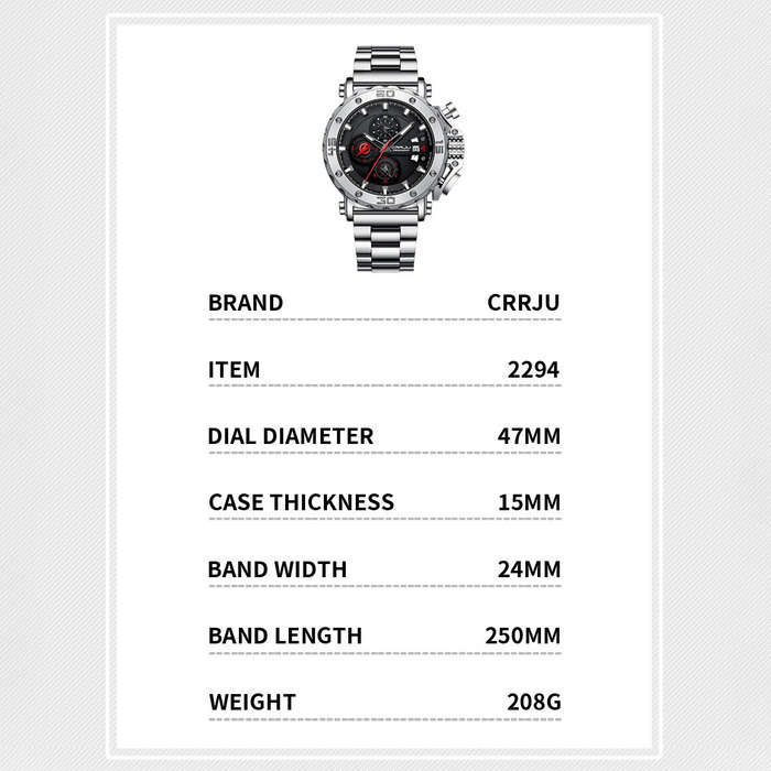 Blue - CRRJU Men's Quartz Chronograph Watch Stainless Steel Strap Waterproof Large Dial Luminous Spo