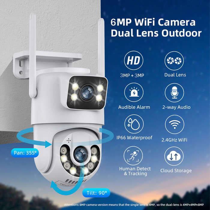 6MP WiFi IP Camera icsee App Dual Lens Outdoor IP66 Waterproof Pan Tilt Audio Night Vision Human Det