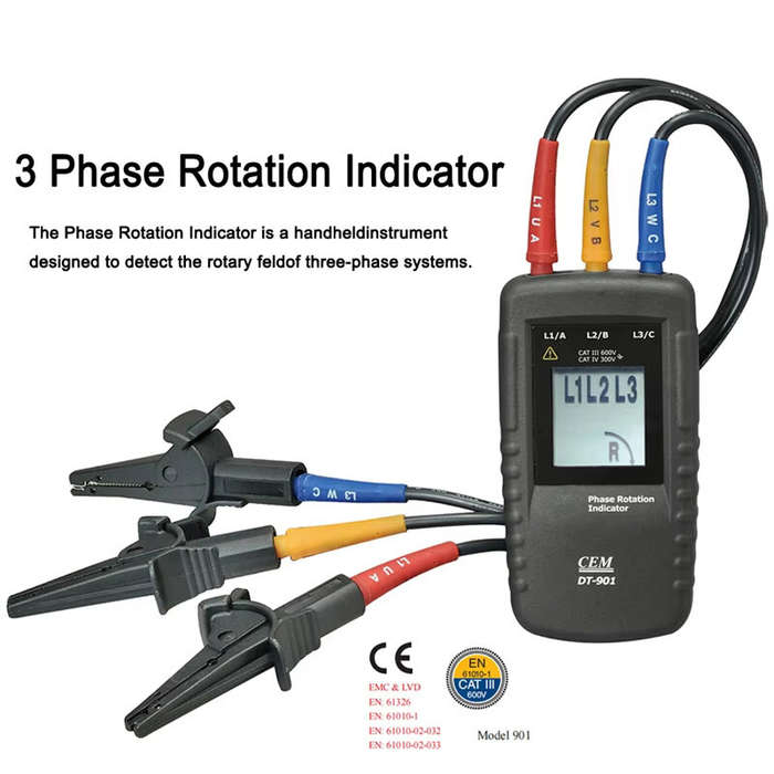 Black - DT-901 Phase Indicator Three-phase 40V-690V AC phase sequenc steering indicator LCD Display