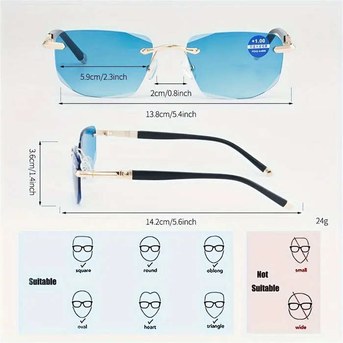 +200 - Gradual Blue Lens Frameless Reading Glasses Anti-blue Light UV Protection Comfortable Busines