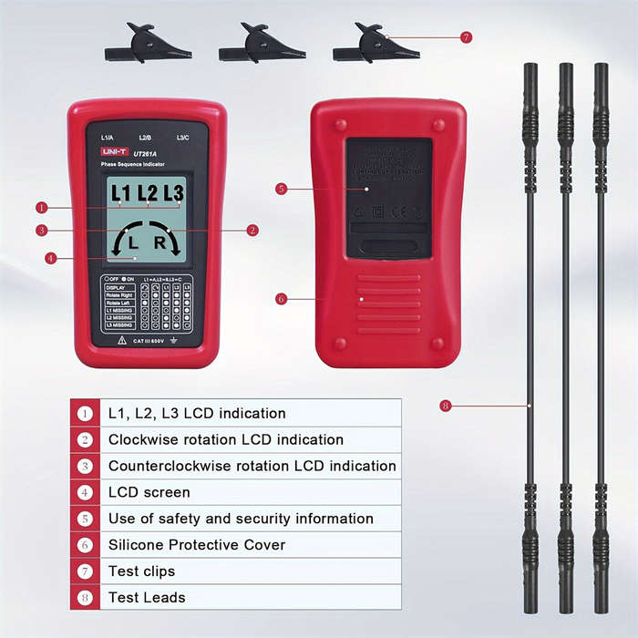 Red - UNI-T UT261A 3 Phase Sequence Tester AC Phase Rotation Meter Voltage Range 40V to 690V LCD Dis