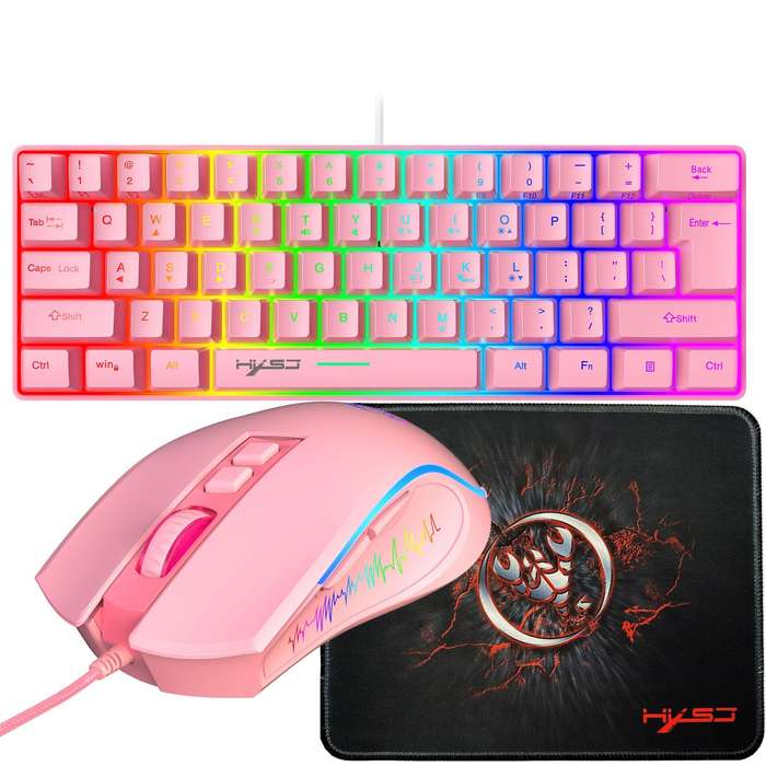 White - HXSJ X100+V700 61 Keys Wired Keyboard Mouse Set RGB Backlit Gaming 3600DPI 6 Buttons Program