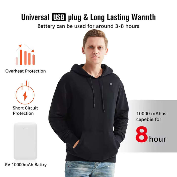 Grey - Winter Hooded Electric Heating Sweatshirt Heated Clothes for Men USB Heating Sweatshirt Warm