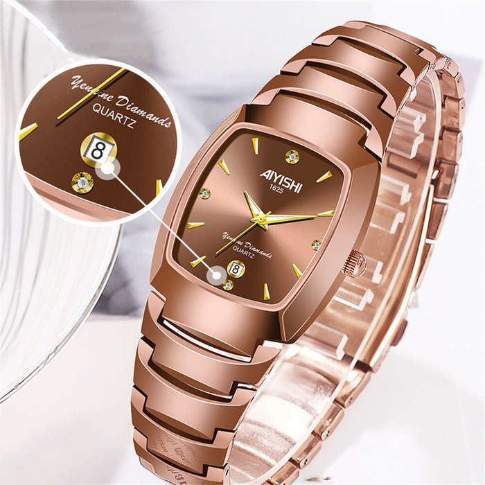 Gold - AIYISHI Luxury Men's Square Quartz Watch Steel Strap Casual Business Wristwatch Waterproof Lu