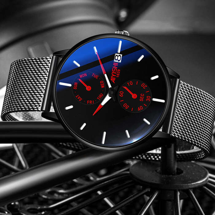 Red - AIYISHI Men Simple Luxury Fashion Quartz Watch Luminous Waterproof Watch Stainless Steel Mesh