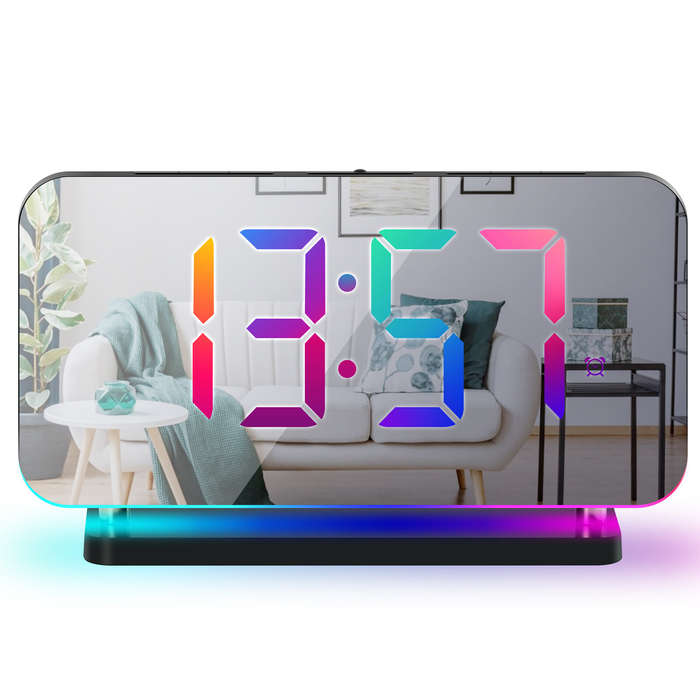 Black - Large Screen Electronic LED Mirror Clock Colorful RGB Display Colorful Night Light Radio Pro