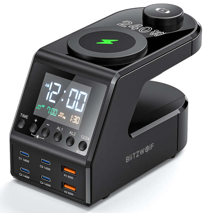 EU Plug - [GaN]Blitzwolf BW-FW10 240W 10-in-1 Wireless Alarm Clock Charger 2USB-A+4USB-C PD3.1/3.0 Q