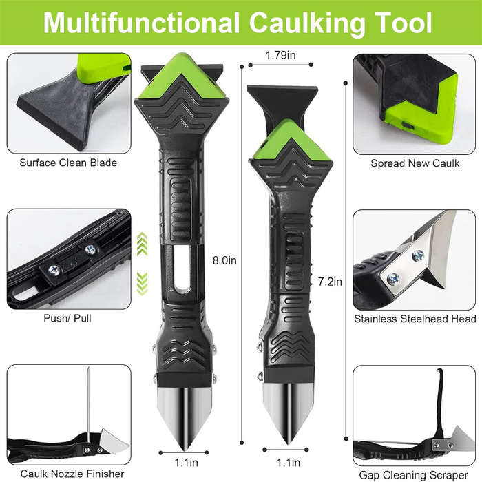 Green - Caulking Tool 5 in 1 Silicone Caulking Grout Removal Sealant Finishing Tool with Grout Scrap