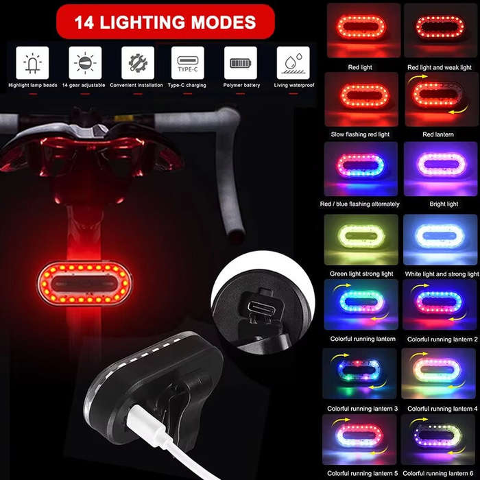 Taillight - BIKIGHT Colorful RGB USB Rechargeable LED Bike Taillight 14 Light Modes Waterproof Safet