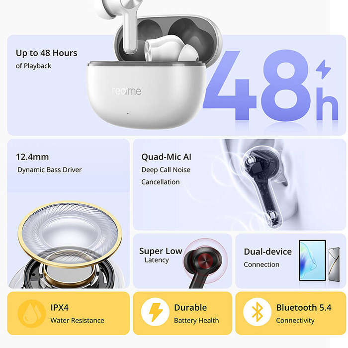 Grey - Realme Buds T200Lite TWS Earbuds Wireless bluetooth 5.4 Earphone 12.4mm Dynamic Bass Driver A