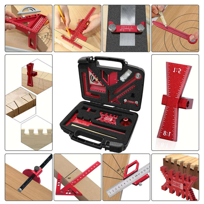 Red - 10pcs Aluminum Alloy Woodworking Square Kit CNC Laser Engraved Multi-Angle Ruler Compass Scrib
