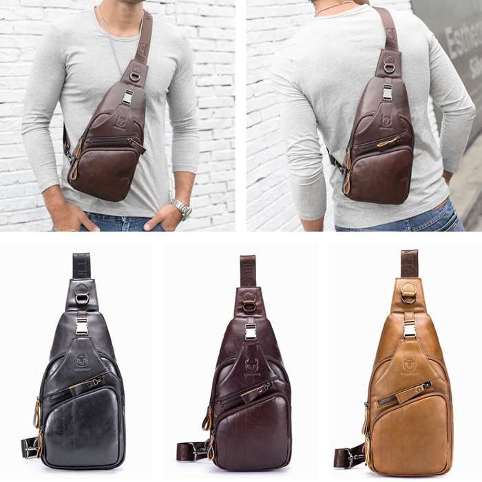 Yellow - BULLCAPTAIN Men Multi-Pocket Leather Chest Bag Casual Sports Multifunctional Large Capacity