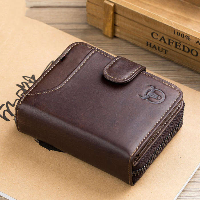#2 - BULLCAPTAIN Genuine Leather Mens Zipper Wallet RFID Blocking Short Wallet Vintage Multi-card Ho